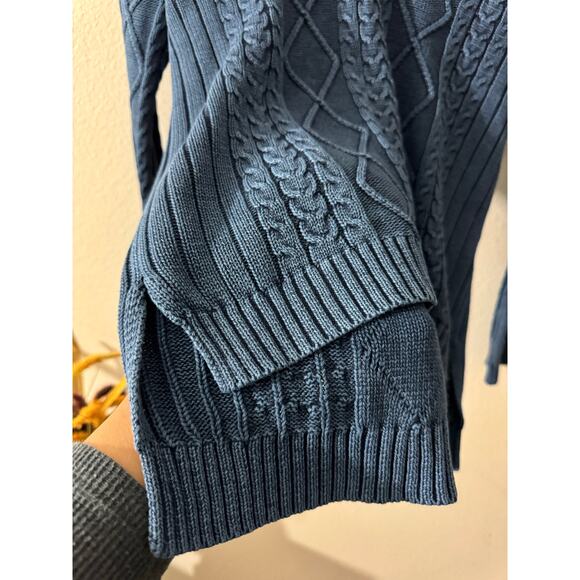 Blue Cotton Natural Reflections Chunky Cable Knit Fisherman V Neck Sweater SMALL - Picture 7 of 10